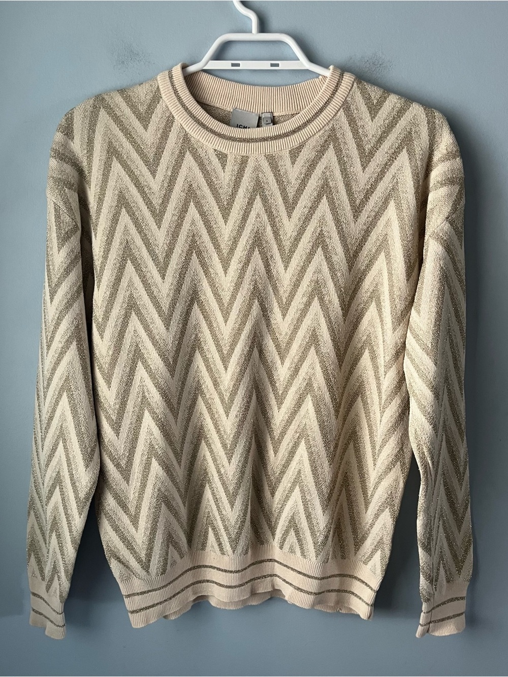 ICHI Cream & Gold Metallic Chevron Cozy Knit Stretch Crewneck Sweater Size S